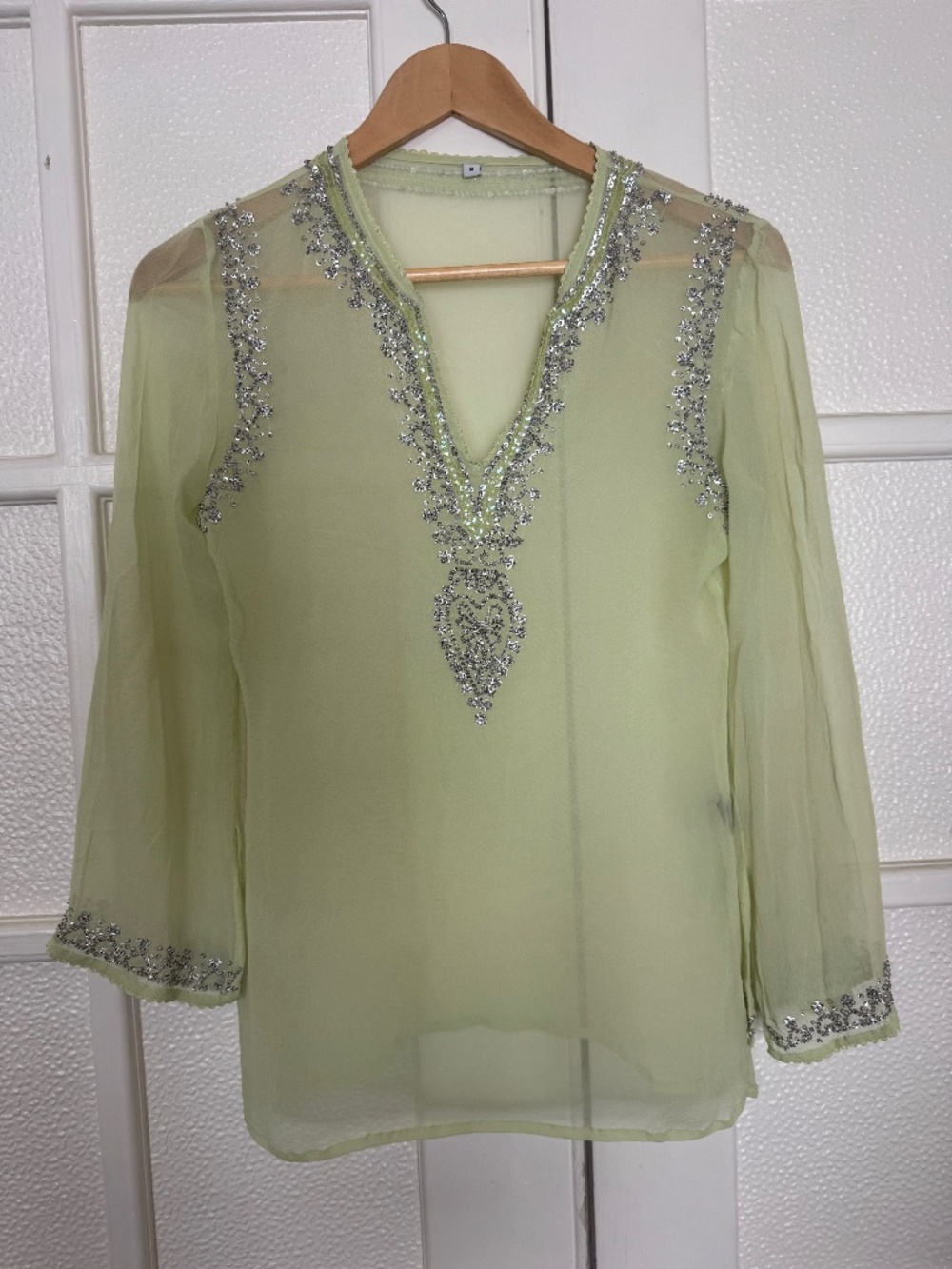 Silver Beaded 100% Silk Light Green Long Sleeve Top - Excellent Condition Size S
